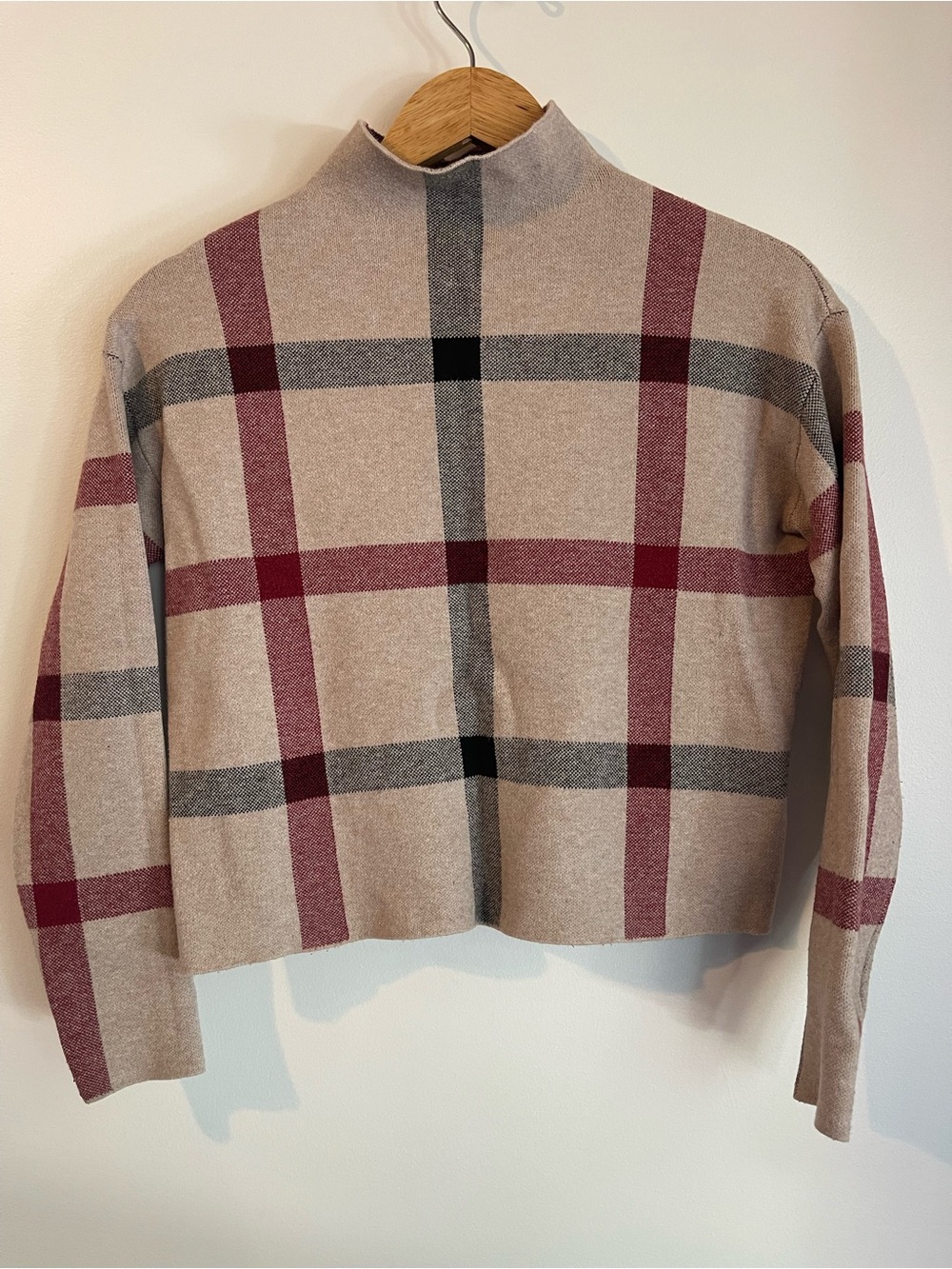 Tahari Beige Burgundy Plaid Mock Neck Sweater S